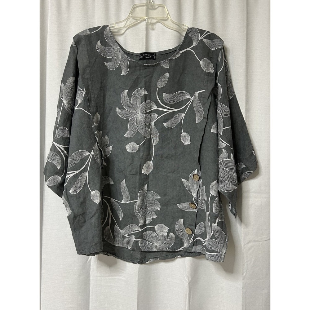 Bella Amore Size L/XL Gray Linen Floral Print Artsy Oversized Lagenlook Top